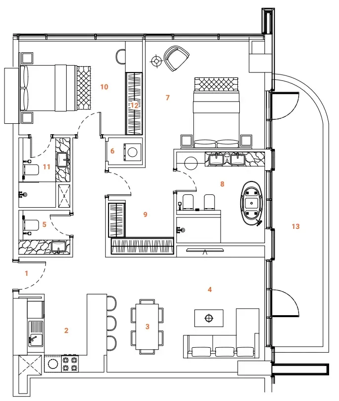 The Orchard Place Towers A & B 2 bed floor plan, 1,340 sqft