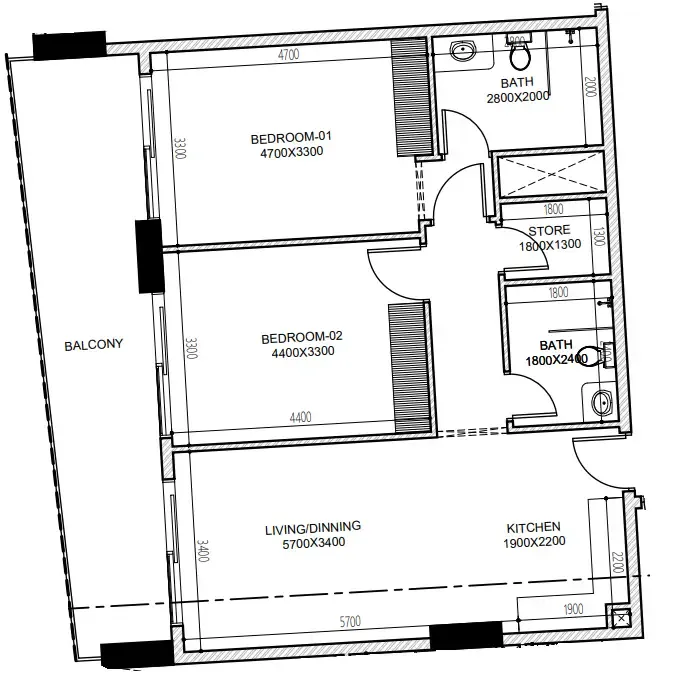 Astra South 2 bed floor plan, 1,077 sqft