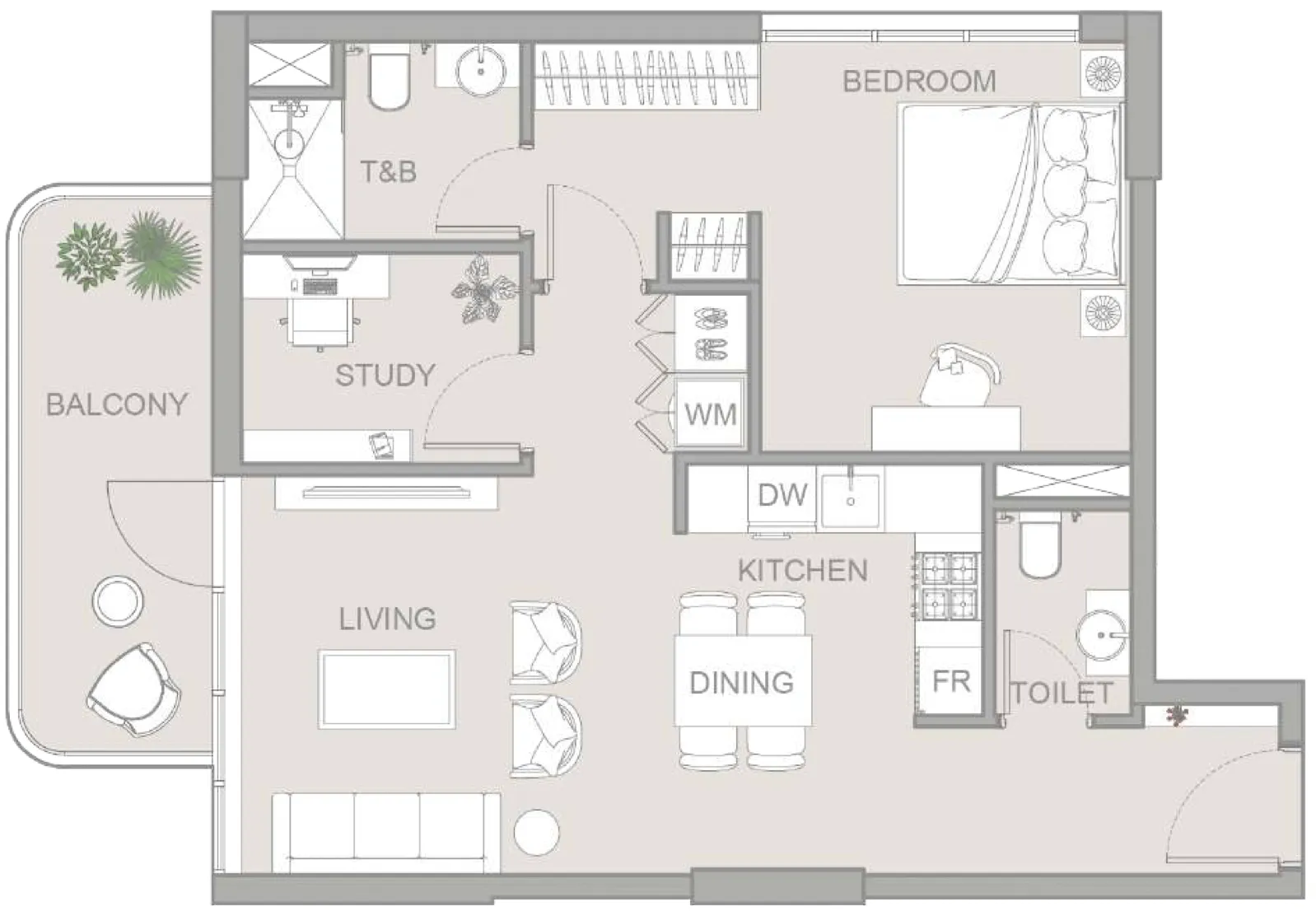 TETR1S Tower 1 bed floor plan, 803 sqft