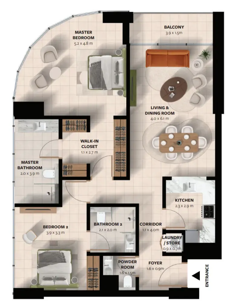 Waada Dubai South 2 bed floor plan, 1,248 sqft