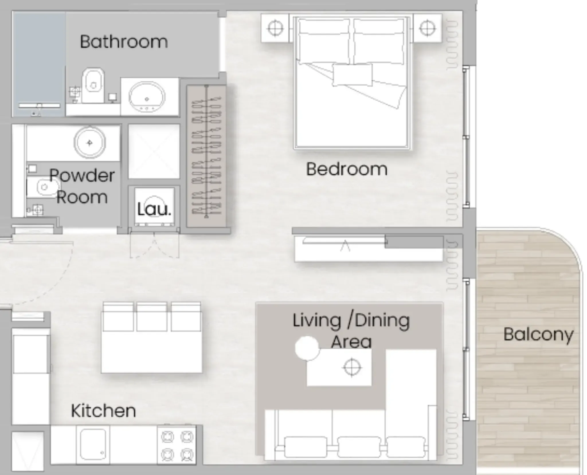 One Beverly 1 bed floor plan, 608 sqft