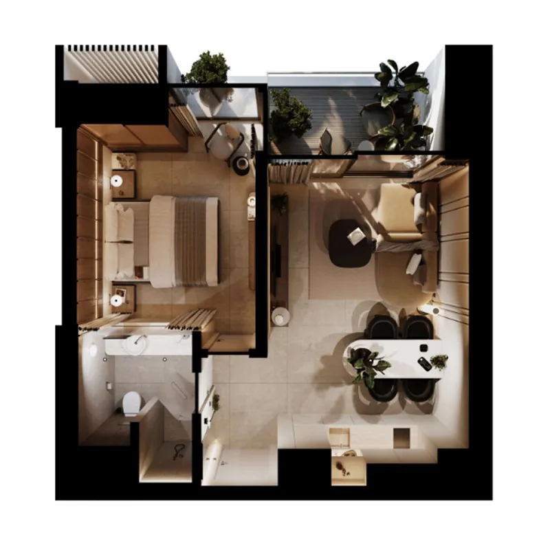PGD Aparthotel 1 bed floor plan, 463 – 614 sqft