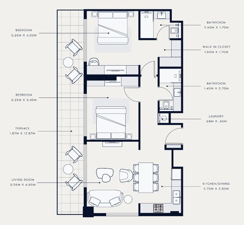 Azizi Venice 2 bed floor plan, 1,109 sqft