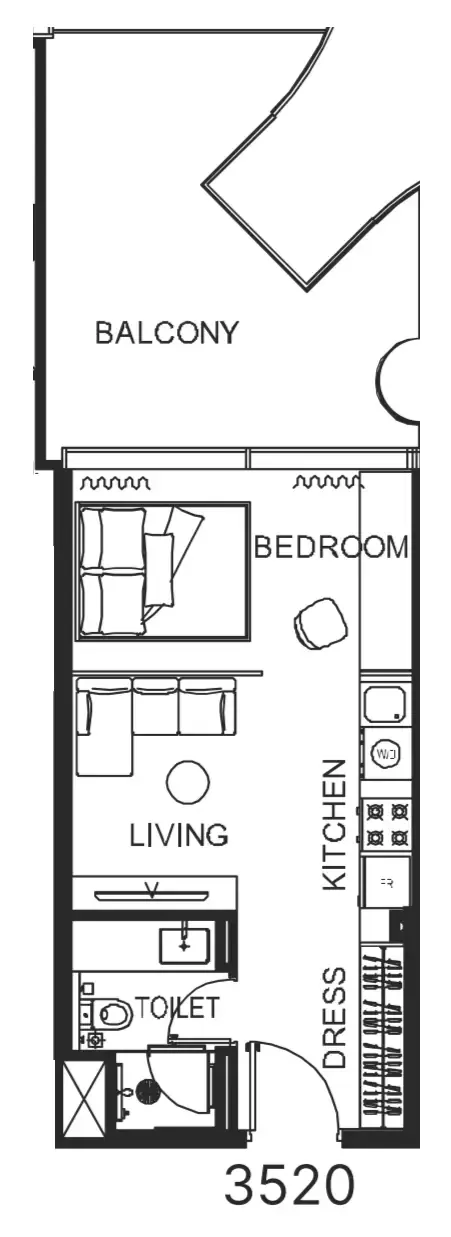 The WOW Tower Studio floor plan, 517 sqft