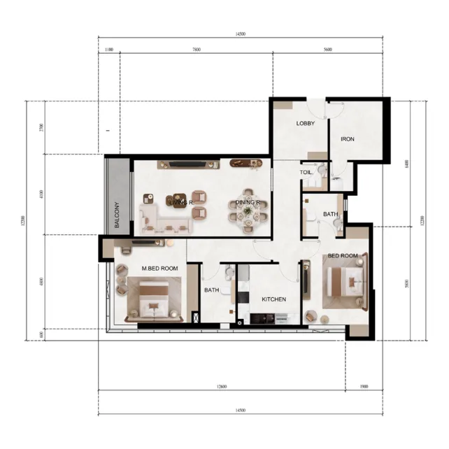 Lily Tower 2 bed floor plan, 1,422 sqft
