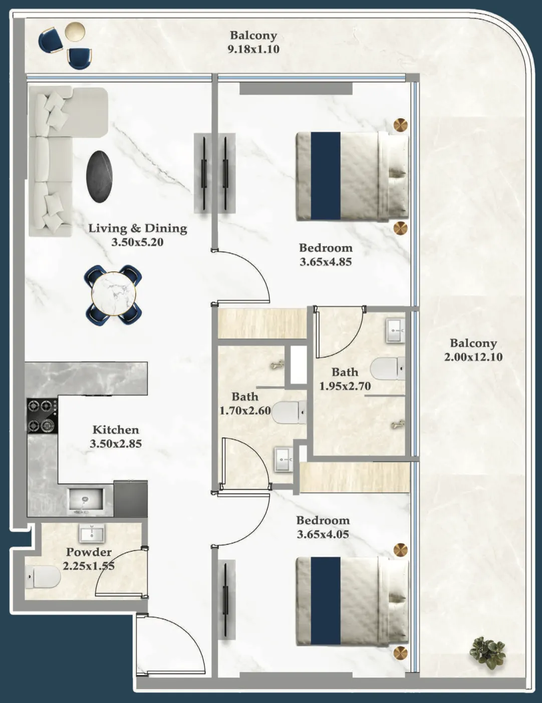 Sparklz 2 bed floor plan, 1,143 – 1,144 sqft