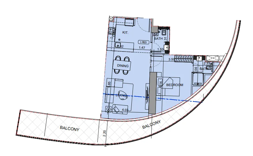 Binghatti Aquarise 1 bed floor plan, 1,048 sqft
