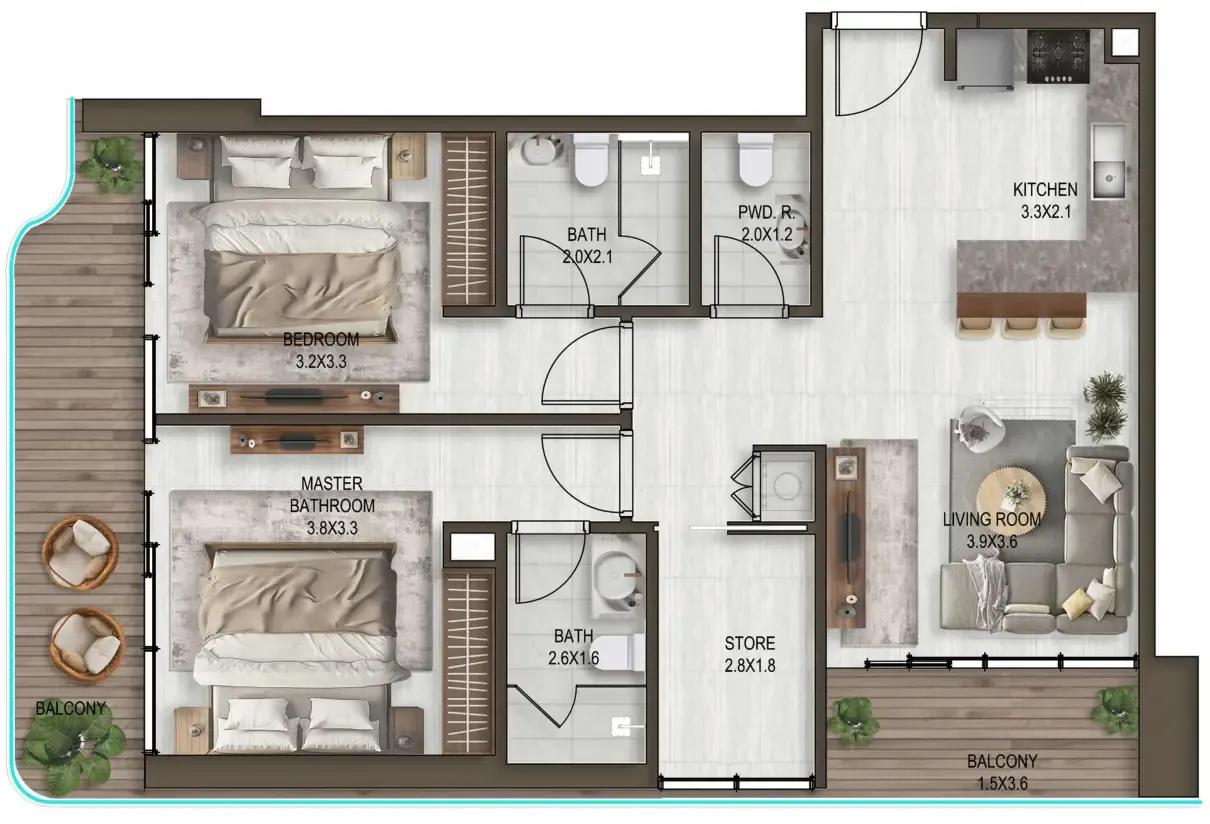 Noore 2 bed floor plan, 1,167 sqft