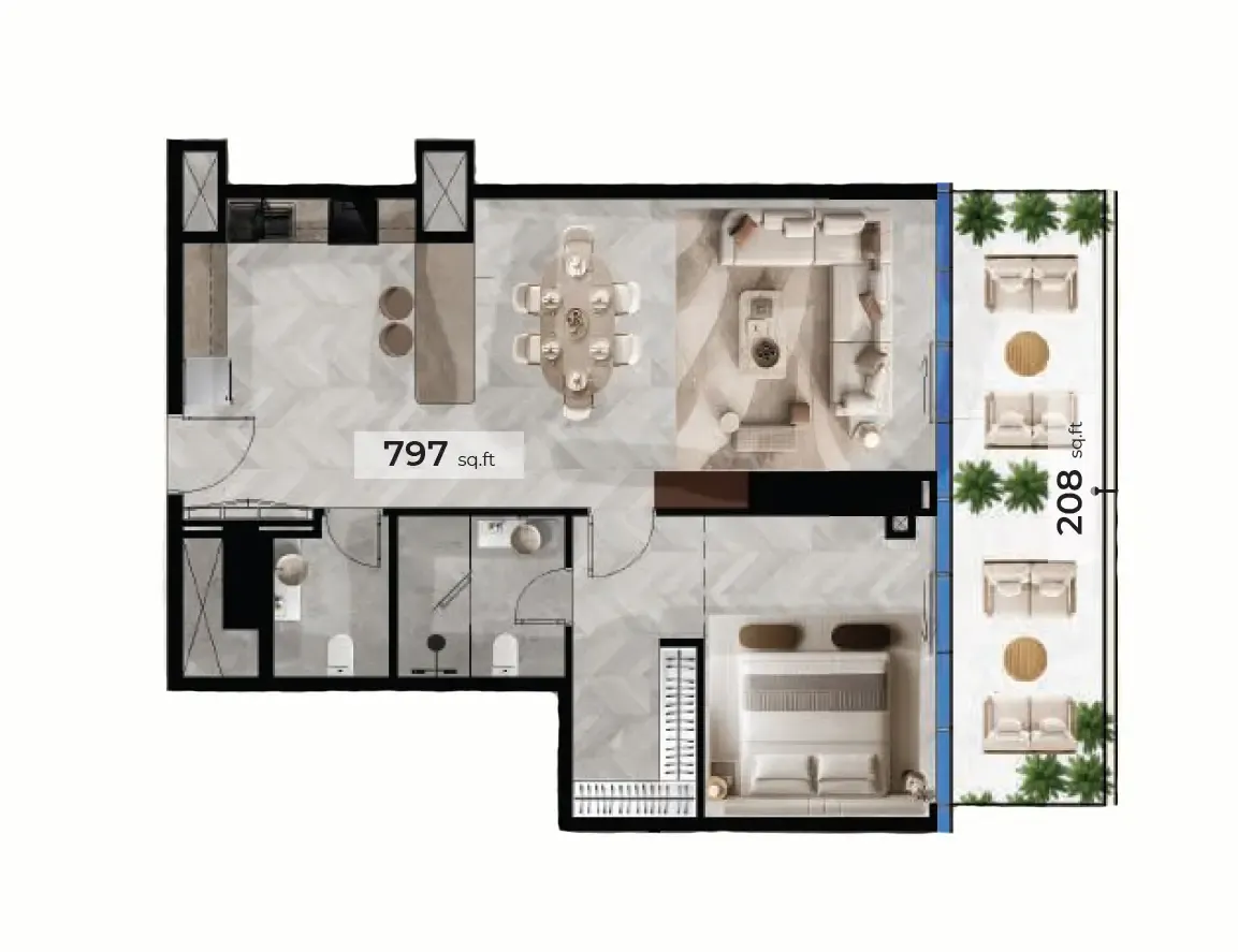 Radiant Terrace 1 bed floor plan, 1,005 sqft