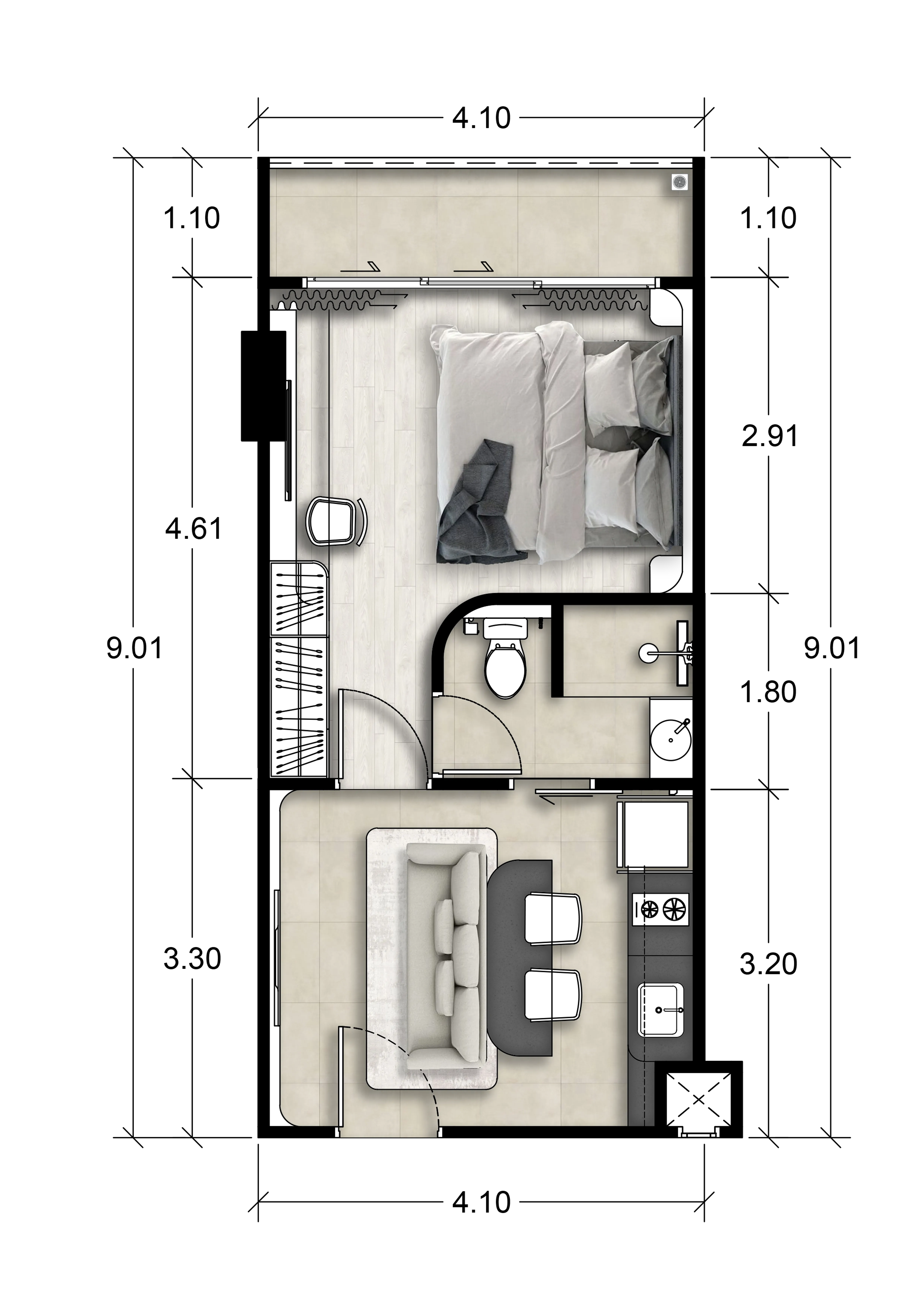 Ever Prime Residences 1 bed floor plan, 354 – 355 sqft