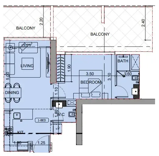 Binghatti Cullinan 1 bed floor plan, 875 sqft