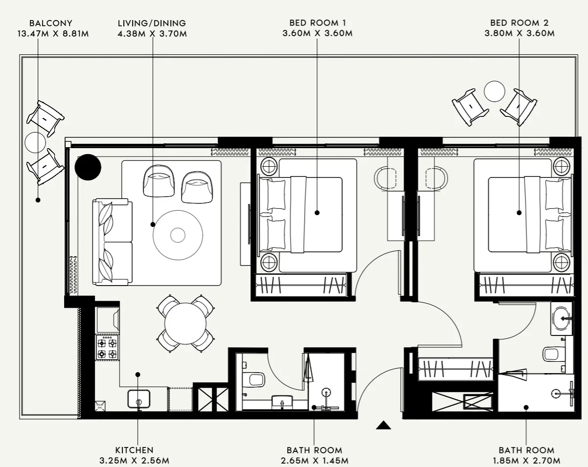 Azizi Venice 2 bed floor plan, 1,230 sqft