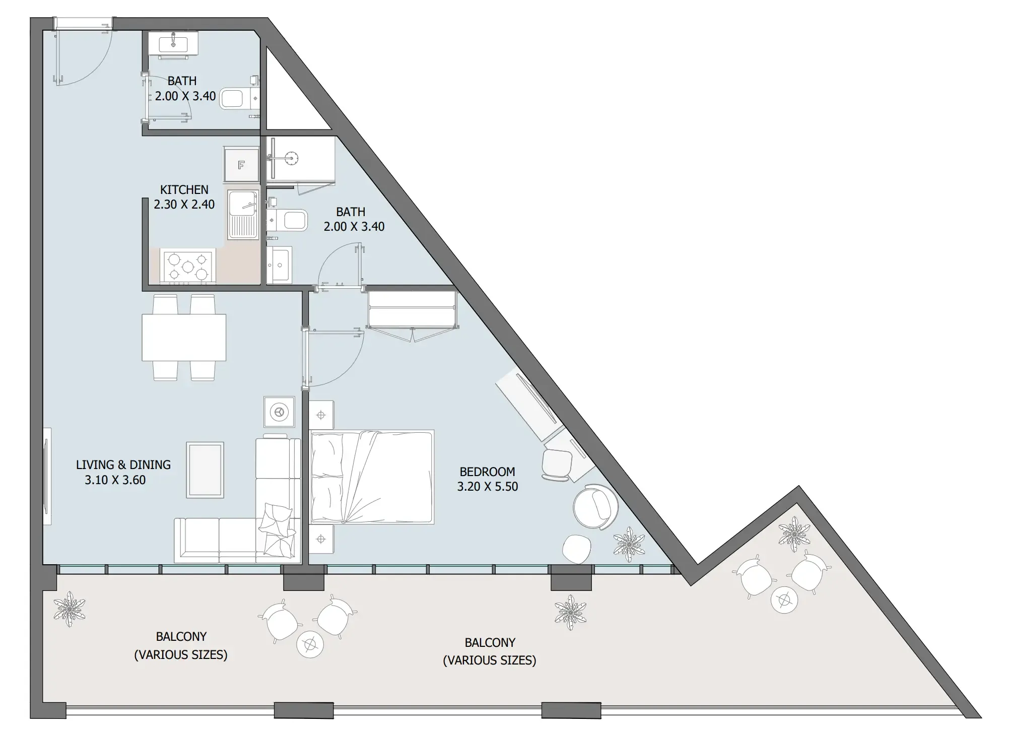 Oceana 1 bed floor plan, 797 – 980 sqft