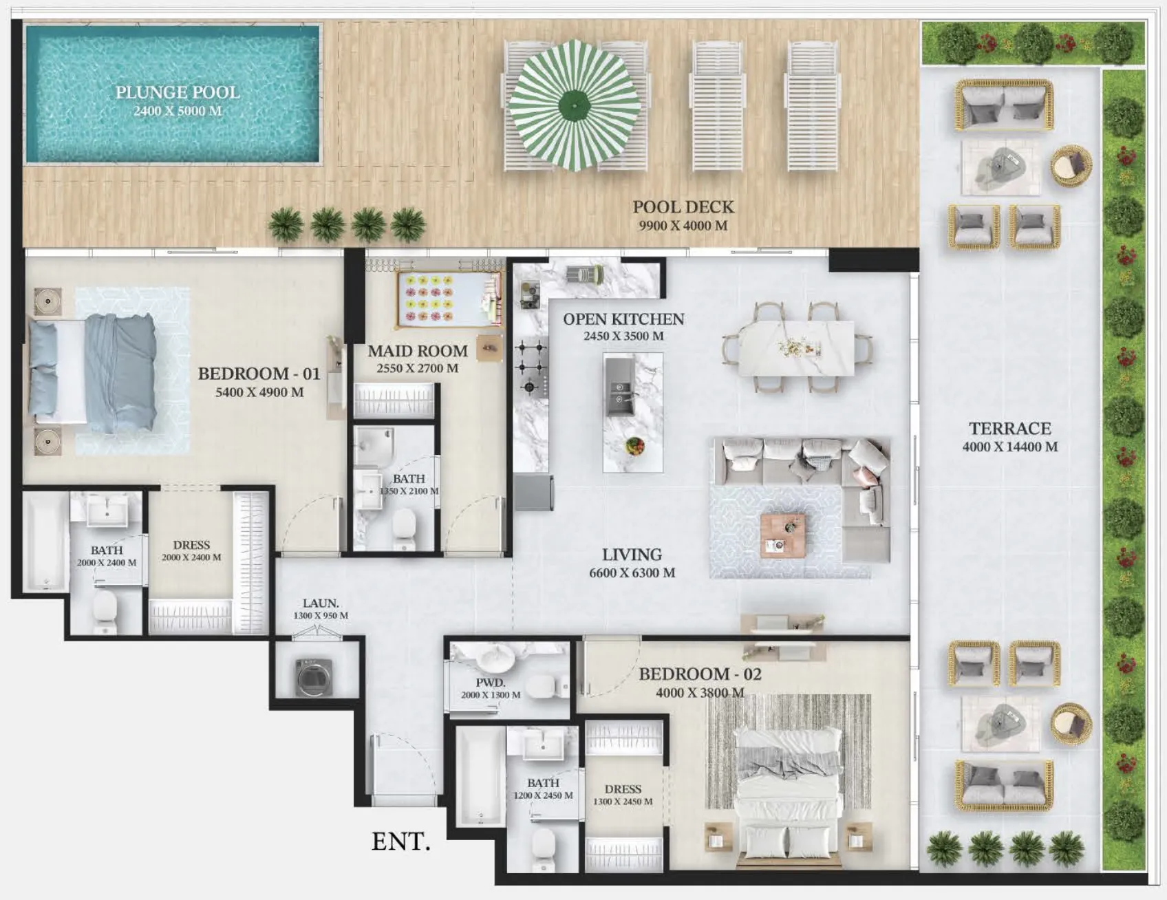 Wellington Ocean 2 bed floor plan, 2,715 sqft