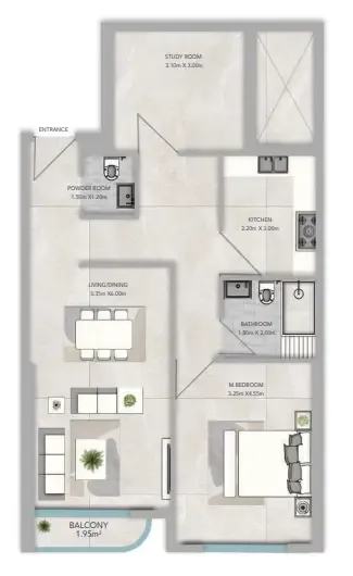 Azha Views Residences 1 bed floor plan, 1,106 sqft