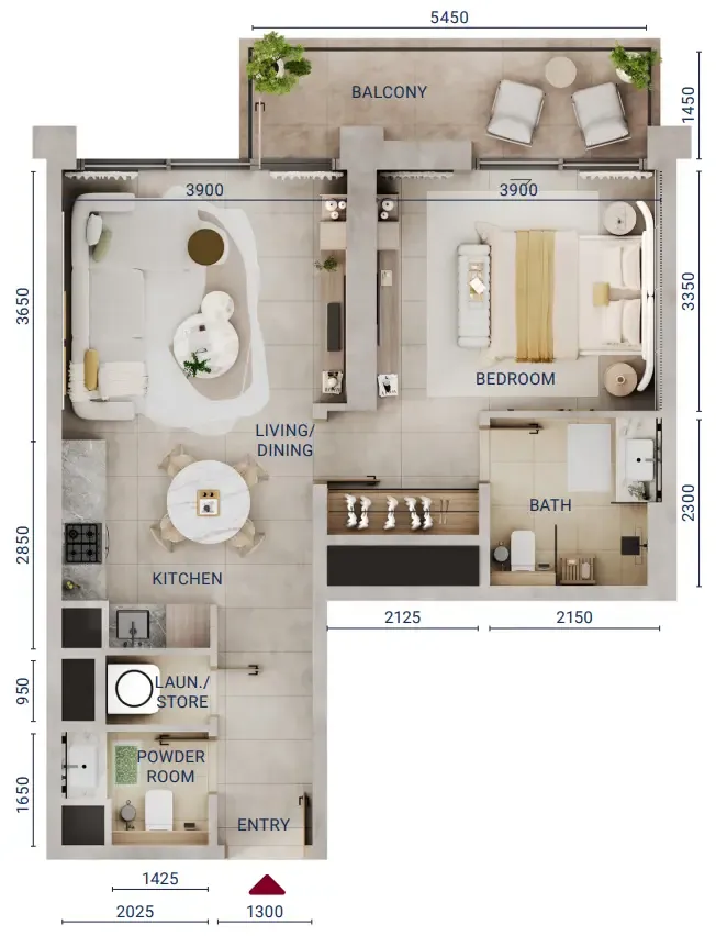 Mirdad 1 bed floor plan, 721 – 722 sqft