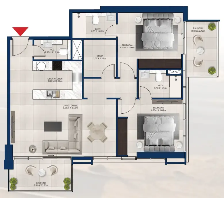 Al Vista 2 bed floor plan, 1,182 sqft