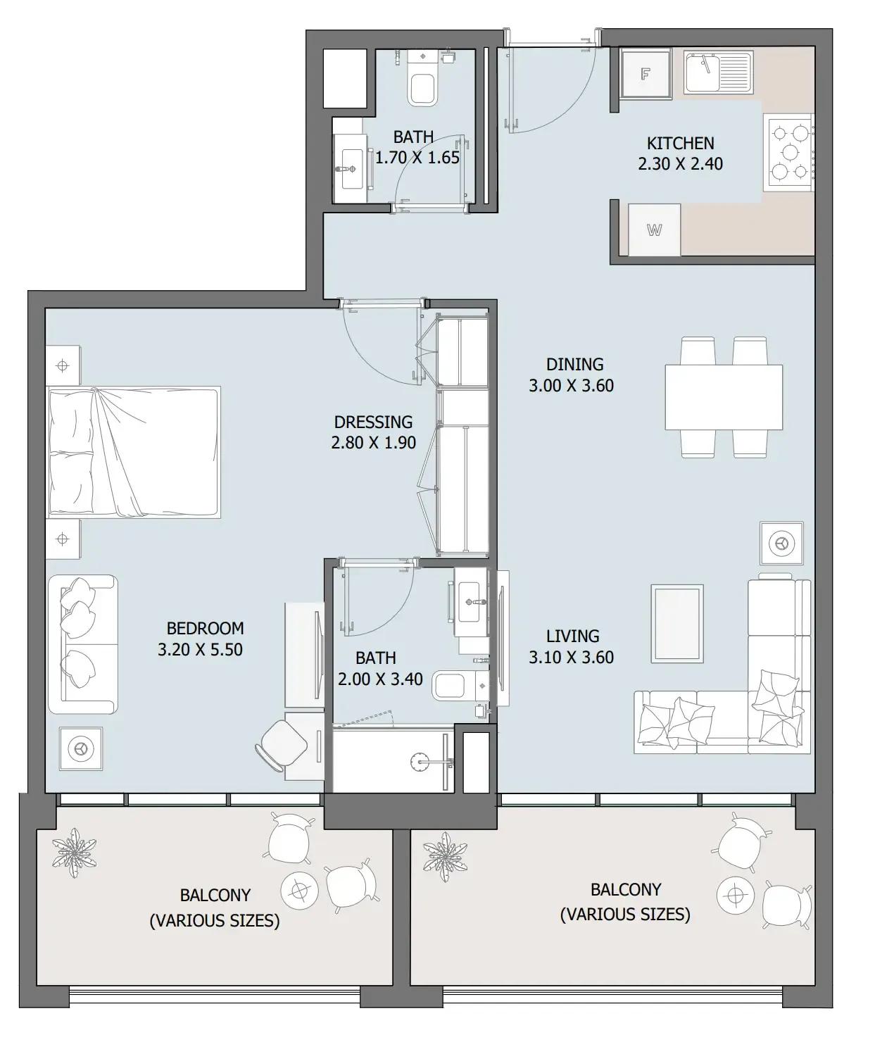 Oceana 1 bed floor plan, 898 – 911 sqft