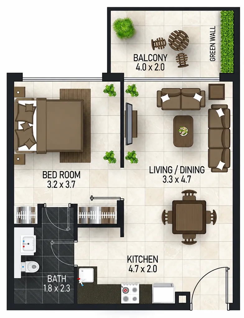 Maimoon Gardens 1 bed floor plan, 713 sqft