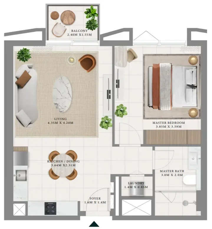 Hillsedge 1 bed floor plan, 708 – 711 sqft