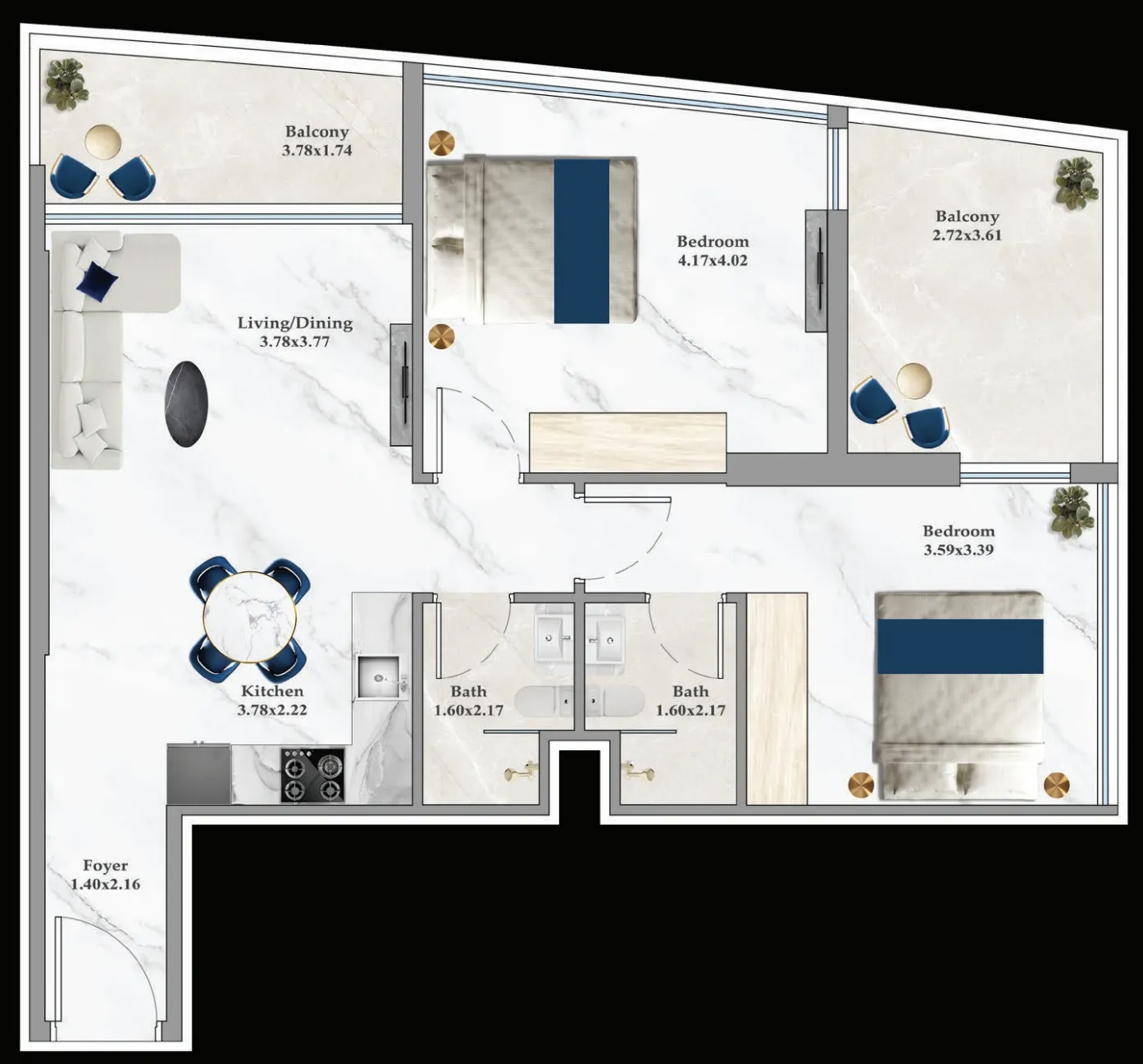 Aspirz 2 bed floor plan, 848 – 849 sqft