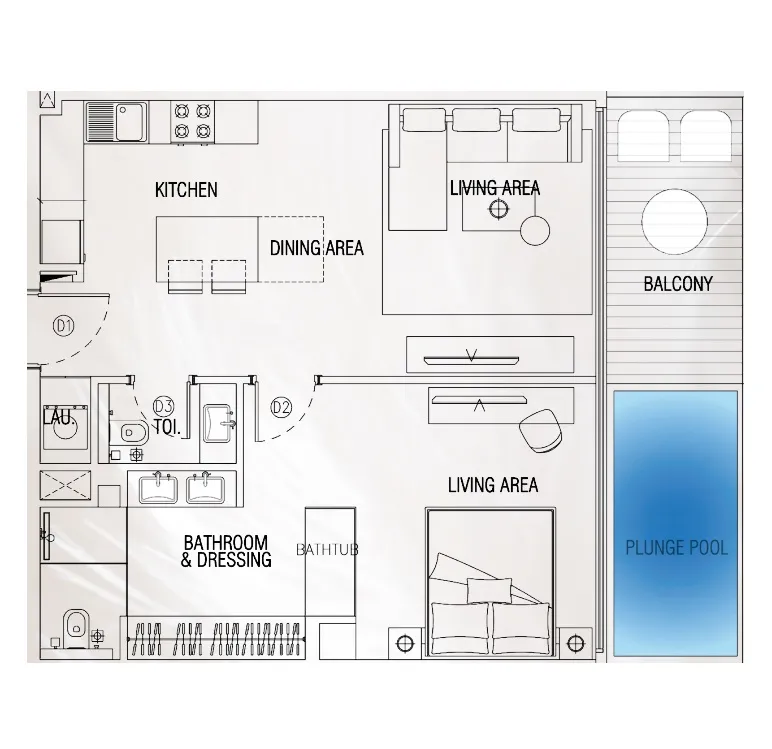 Sky Suites 1 bed floor plan, 830 sqft