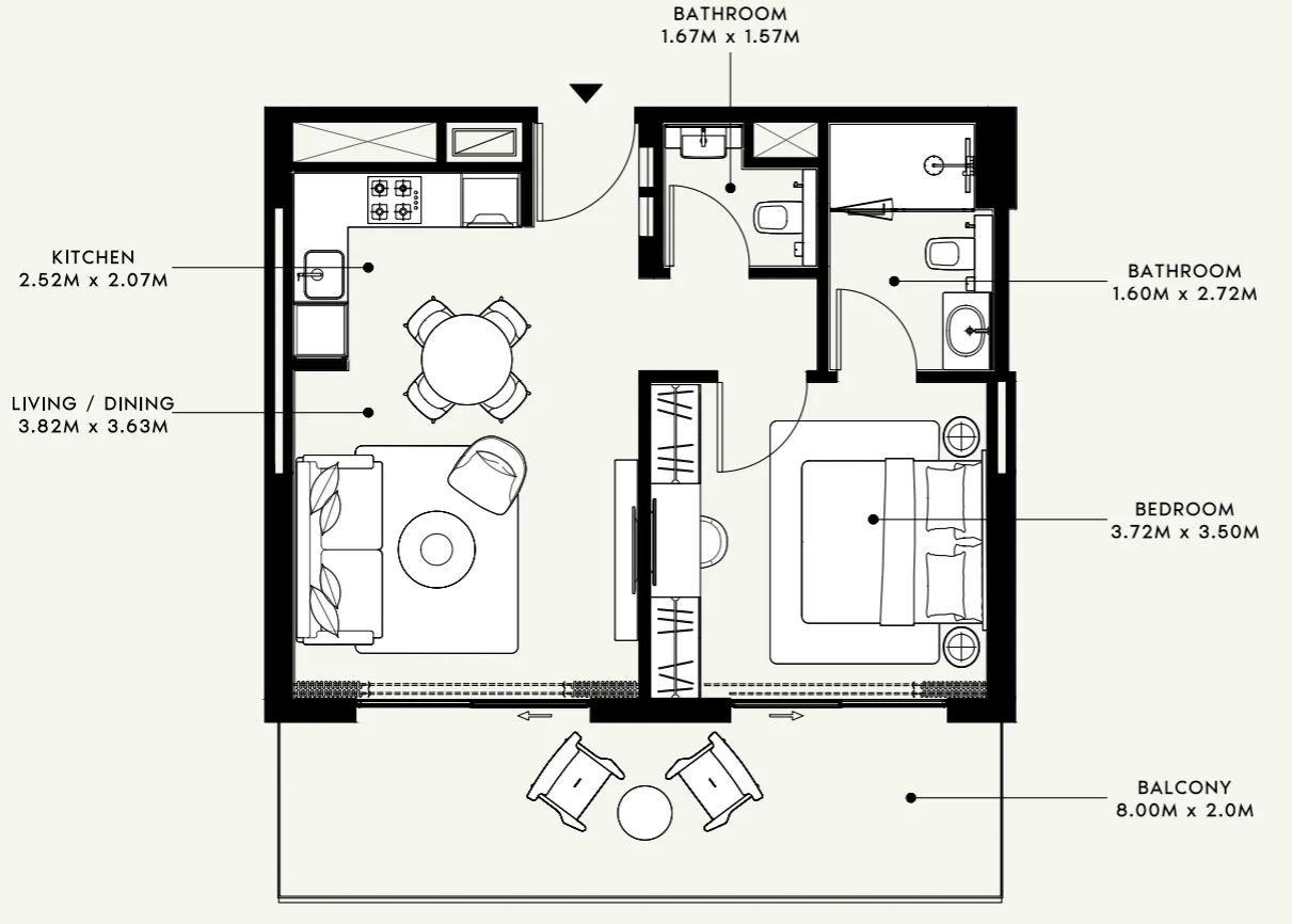 Azizi Venice 1 bed floor plan, 724 sqft