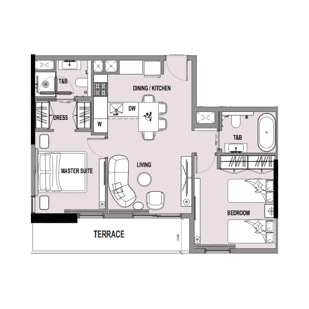 Verso 2 bed floor plan, 995 sqft