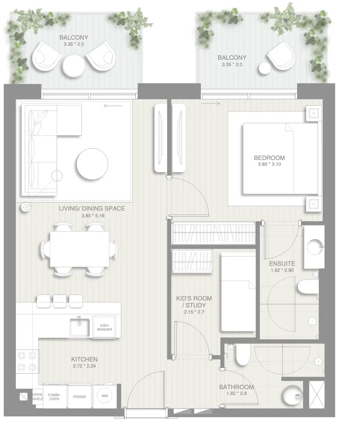 Sol Levante 1 bed floor plan, 842 sqft
