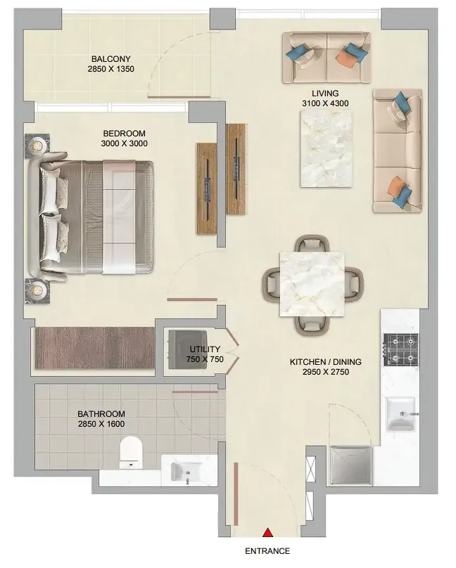 The Woods at Sobha Sanctuary 1 bed floor plan, 540 sqft