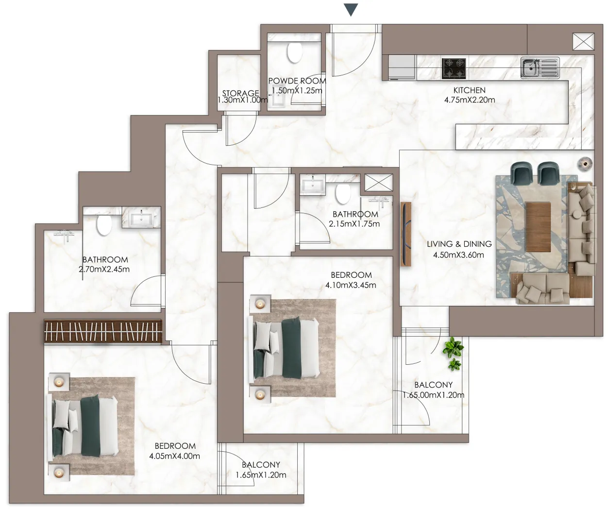 Sky Gardens Tower 2 bed floor plan, 1,526 sqft