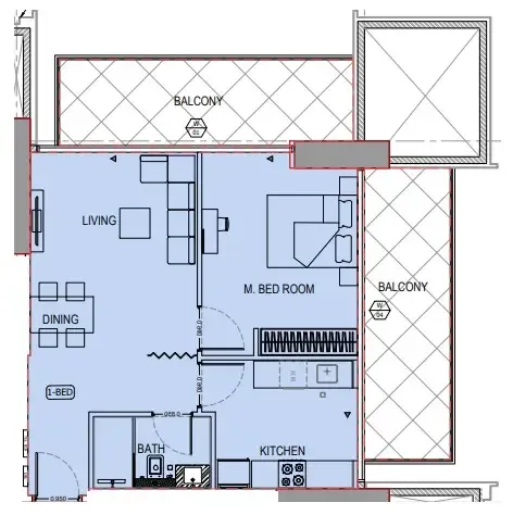 Binghatti Apex 1 bed floor plan, 906 sqft