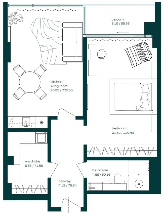 Vibe 1 bed floor plan, 802 sqft