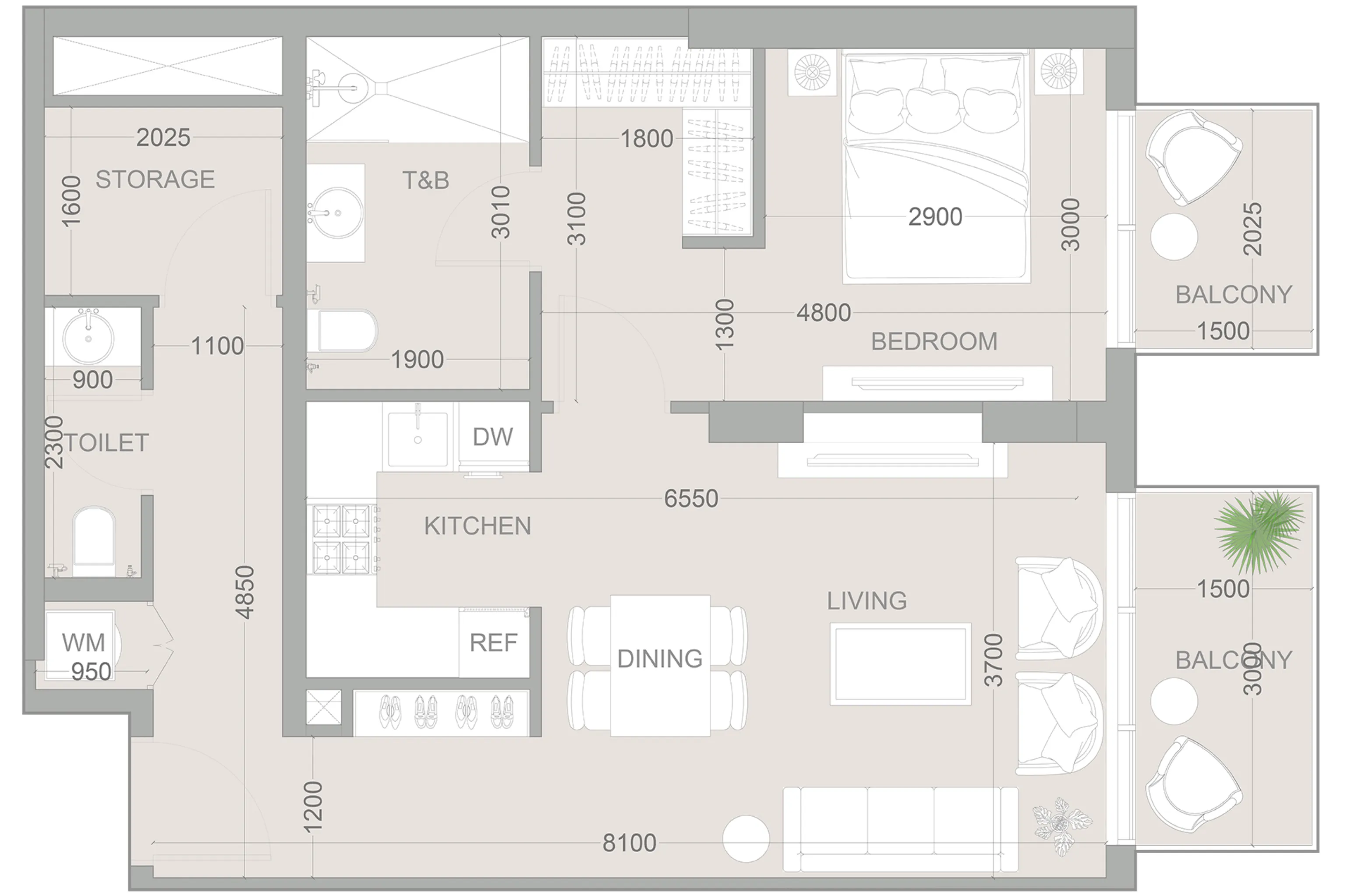 1WOOD Residence 2 1 bed floor plan, 801 sqft