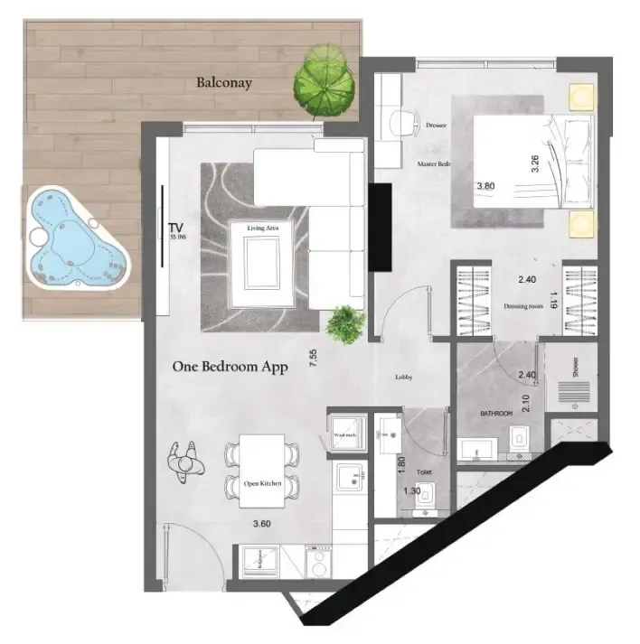 Saray Prime Residence 1 bed floor plan, 789 sqft