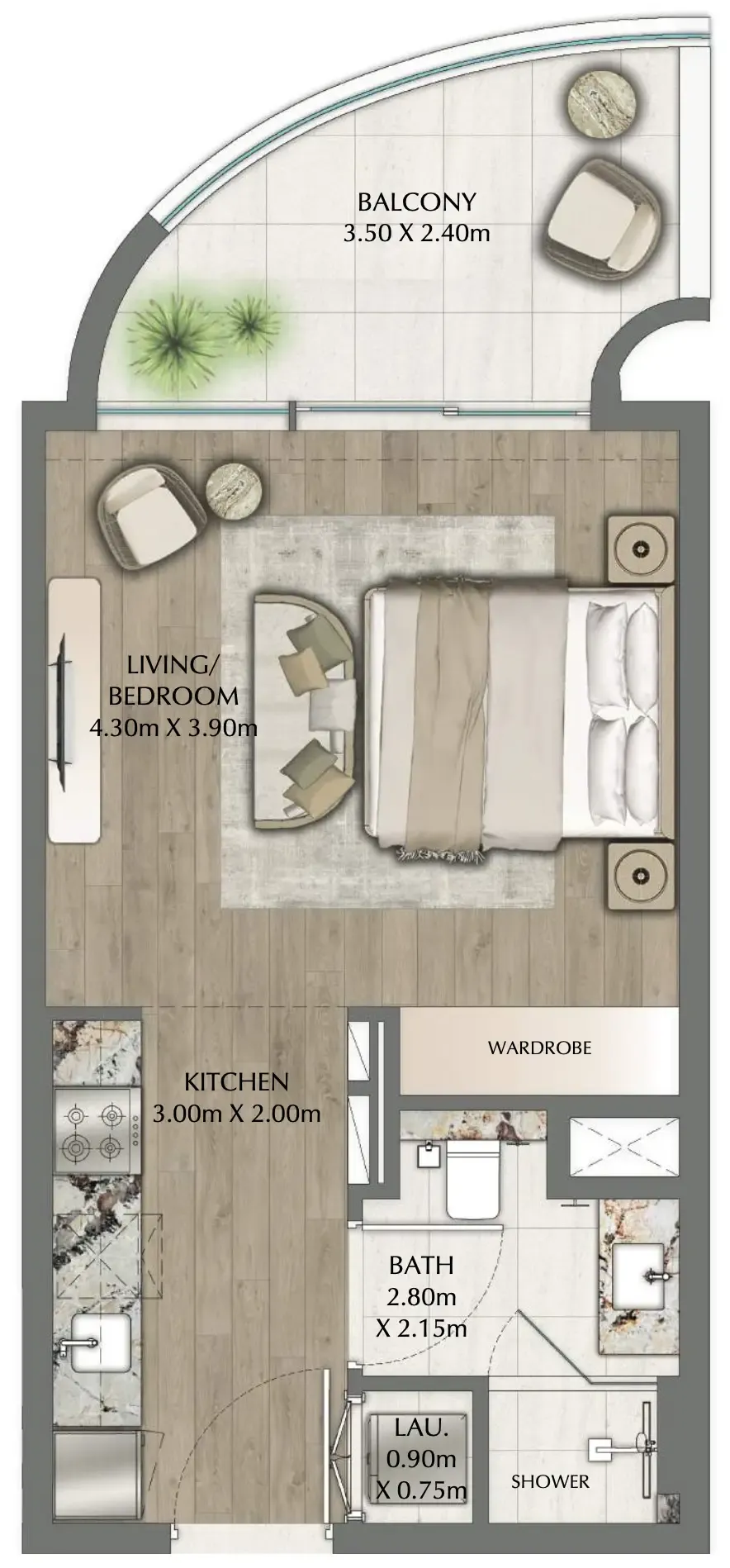 One Residence Studio floor plan, 470 sqft