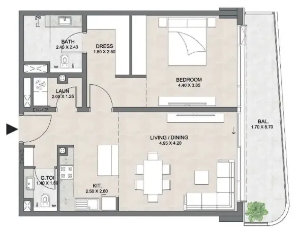 Luzora Residence 1 bed floor plan, 933 sqft