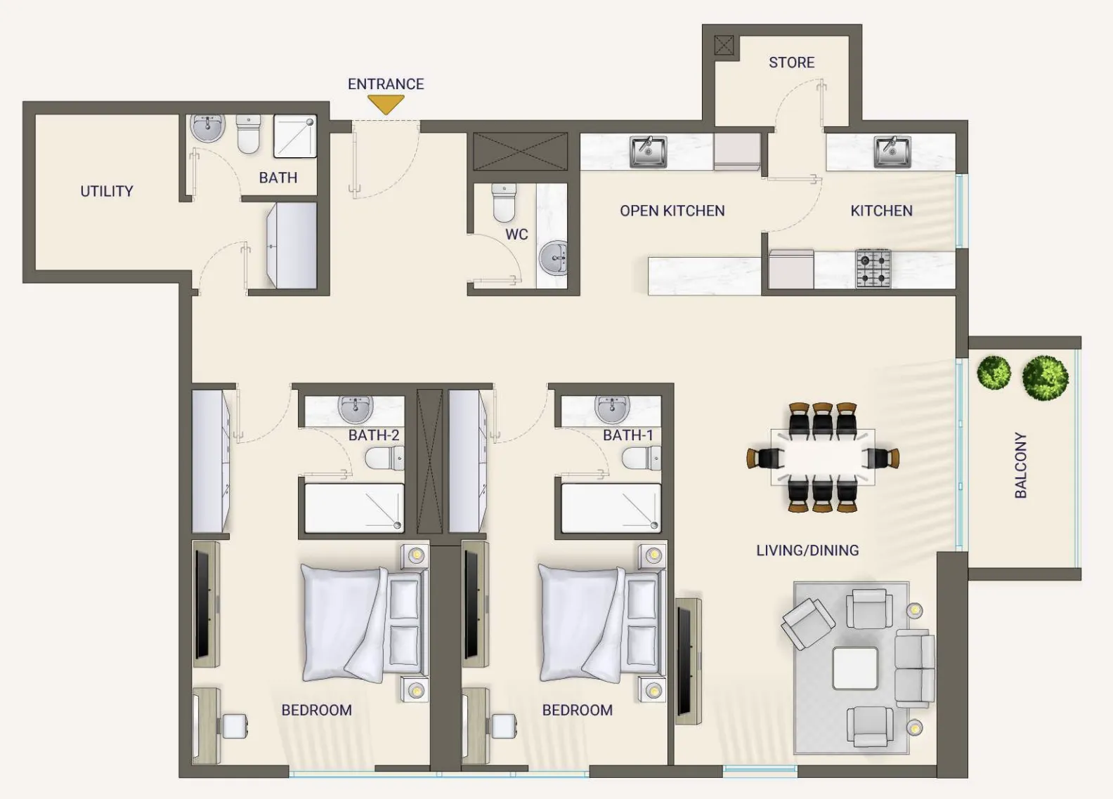 Nexara by 7th Key 2 bed floor plan, 1,535 – 1,595 sqft