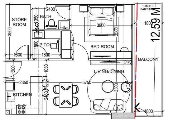 Al Haseen Residences 6 1 bed floor plan, 796 sqft