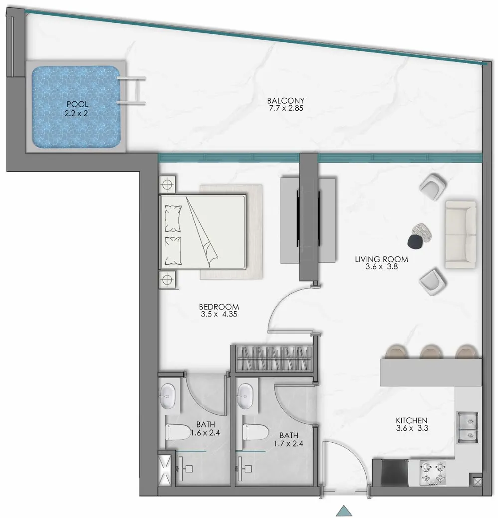 Samana Sky Views 1 bed floor plan, 872 sqft