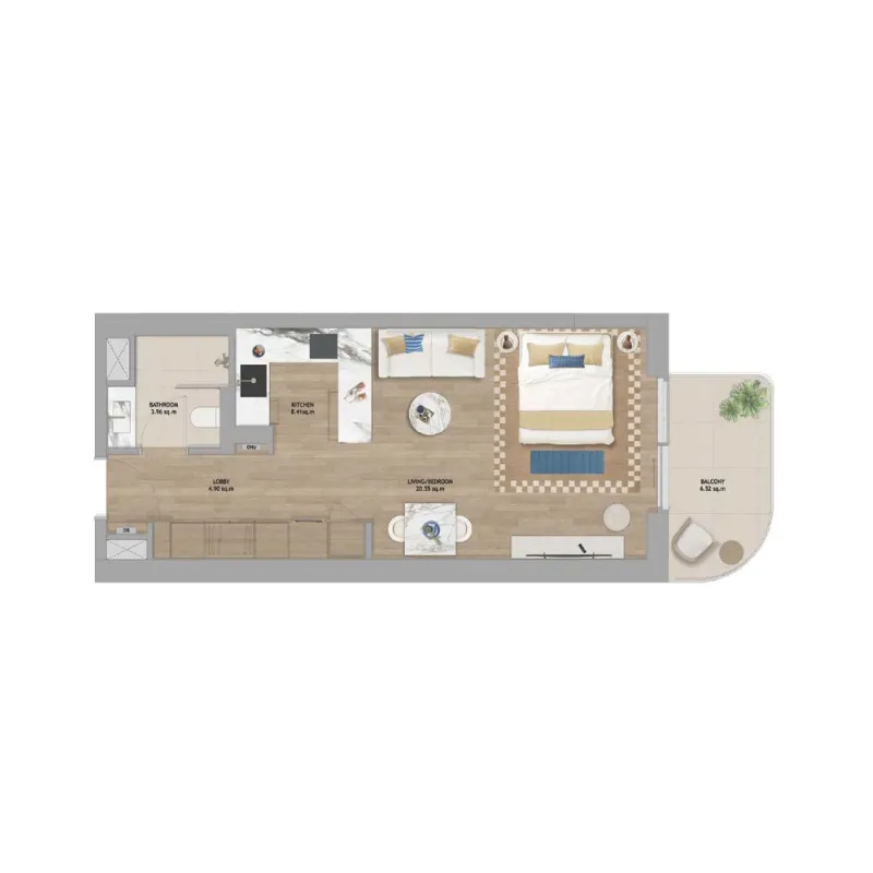 The Beach House Fahid Studio floor plan, 474 sqft