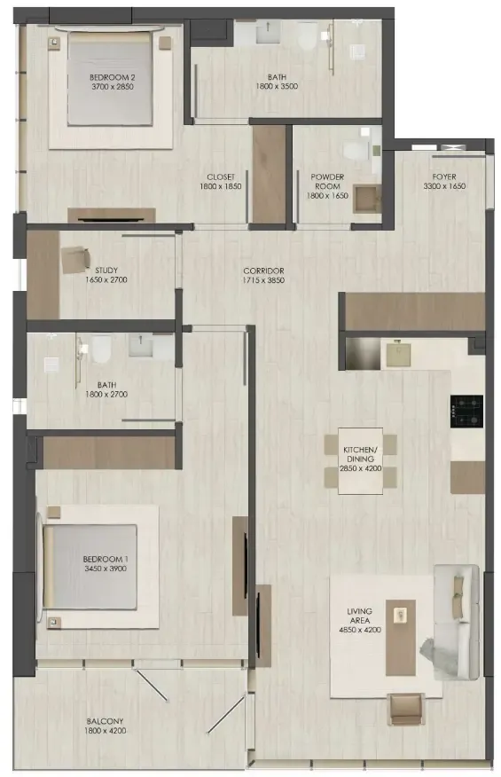 JAD 288 2 bed floor plan, 1,218 sqft