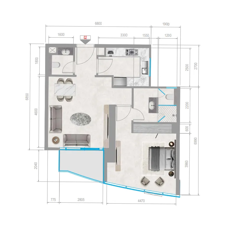 Orchid Towers Phase 1 1 bed floor plan, 735 sqft