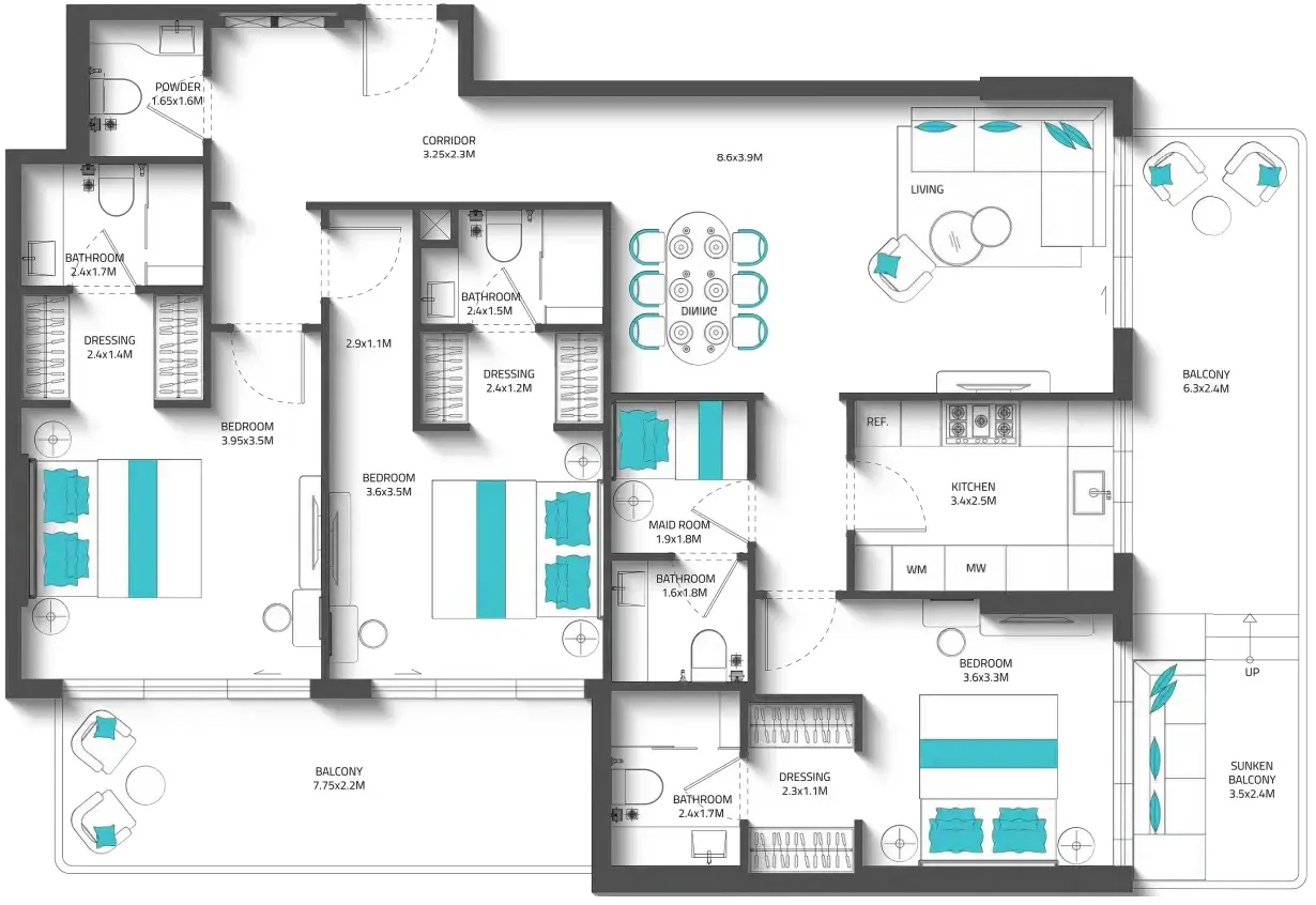 Reef 996 3 bed floor plan, 1,901 sqft