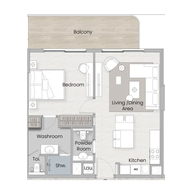 One Beverly 1 bed floor plan, 756 sqft