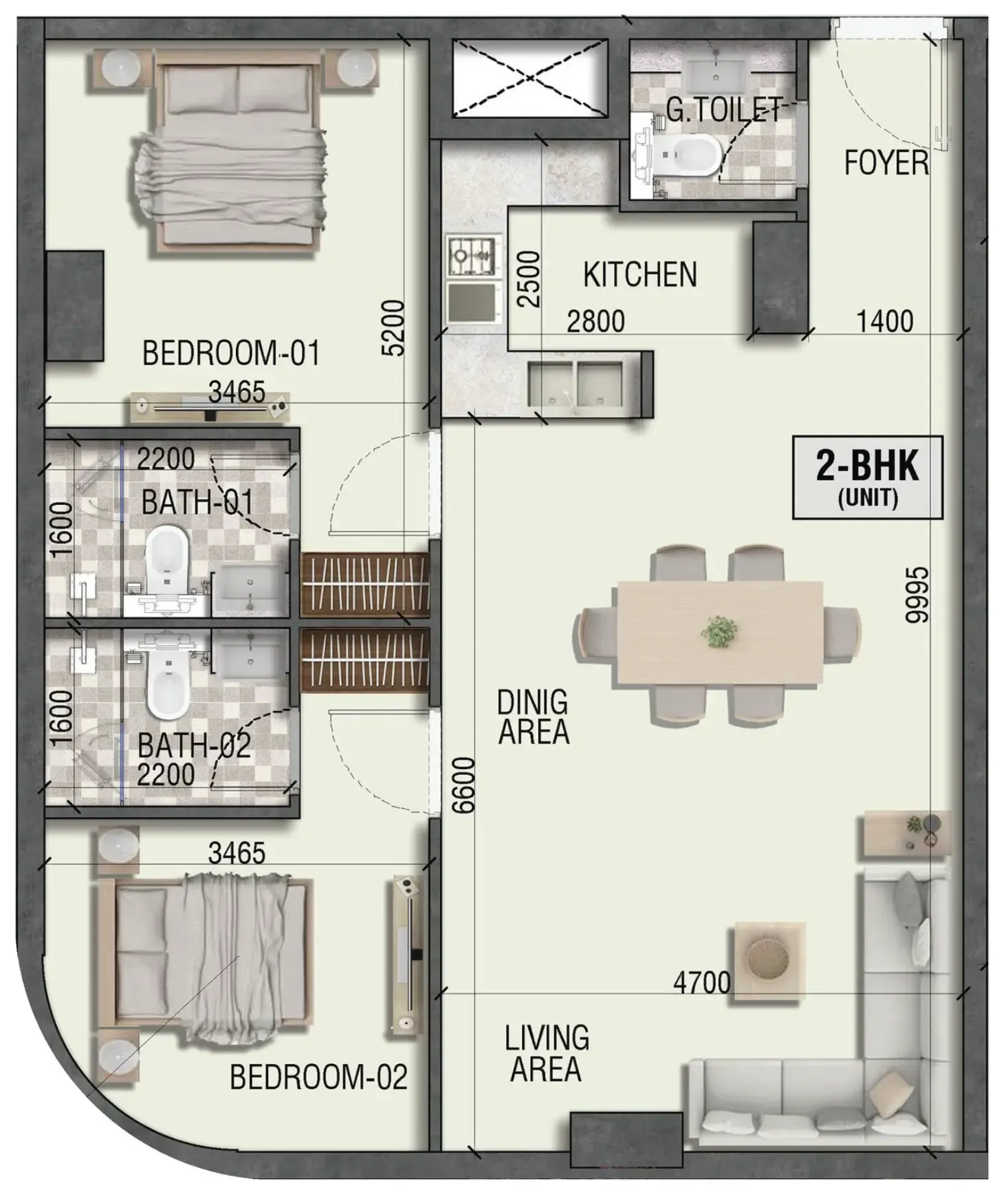 Ramada Residences by Wyndham in Dubai South 2 bed floor plan, 893 sqft