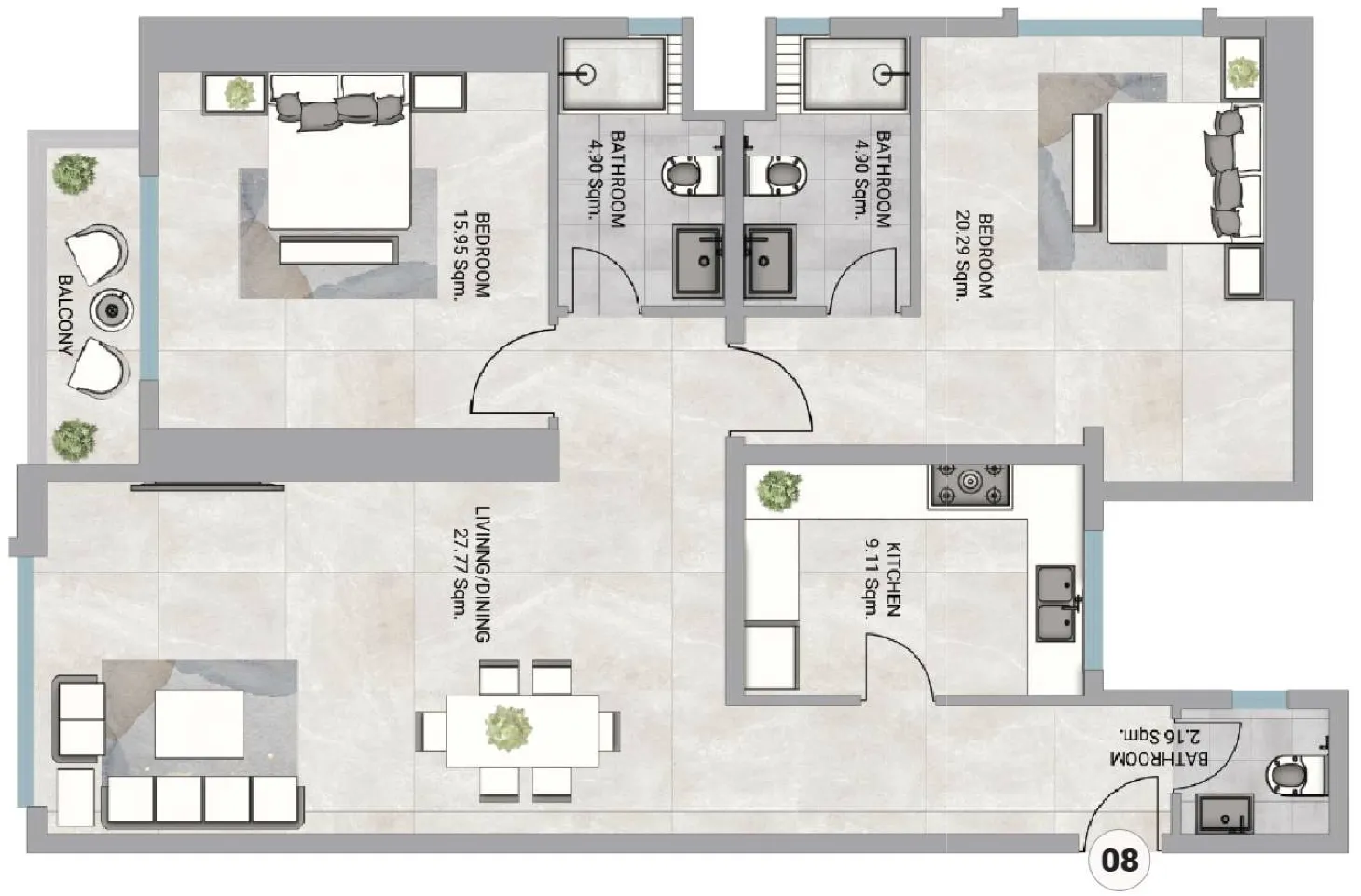 Barajeel Towers 2 bed floor plan, 1,898 sqft