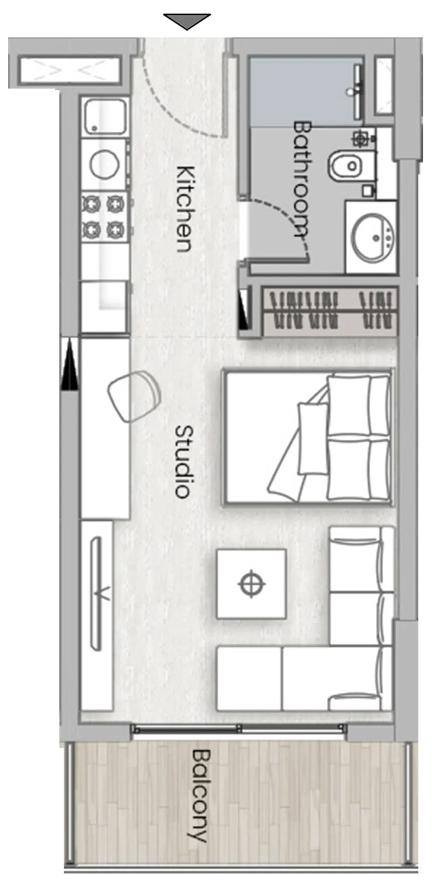 One Beverly Studio floor plan, 388 – 391 sqft