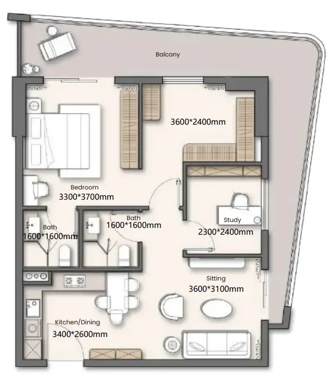 Yigo 26 1 bed floor plan, 844 sqft