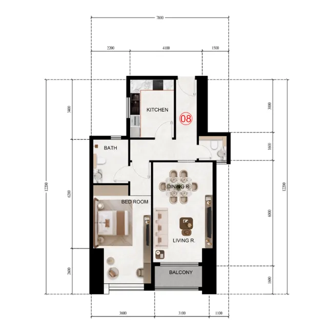 Lily Tower 1 bed floor plan, 794 sqft
